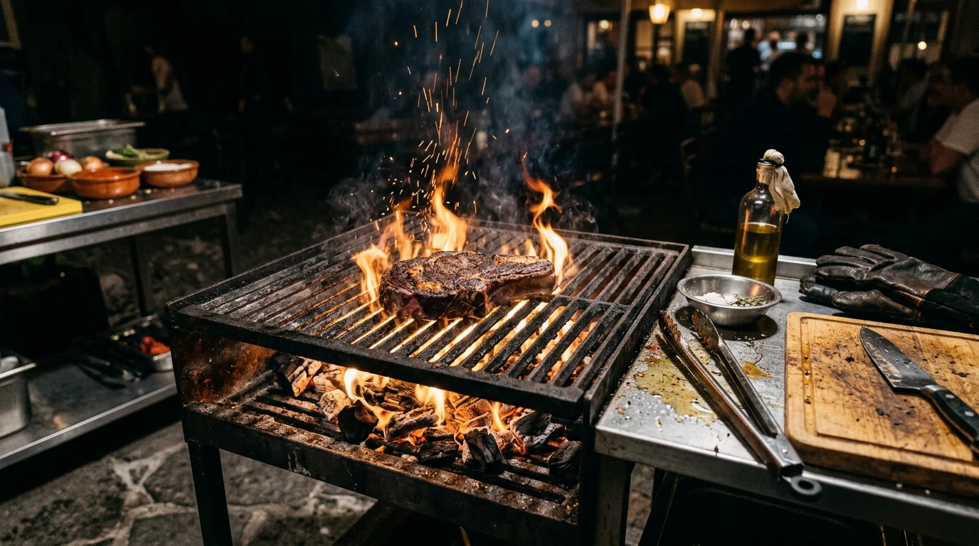 Steak na roštu v plamenech