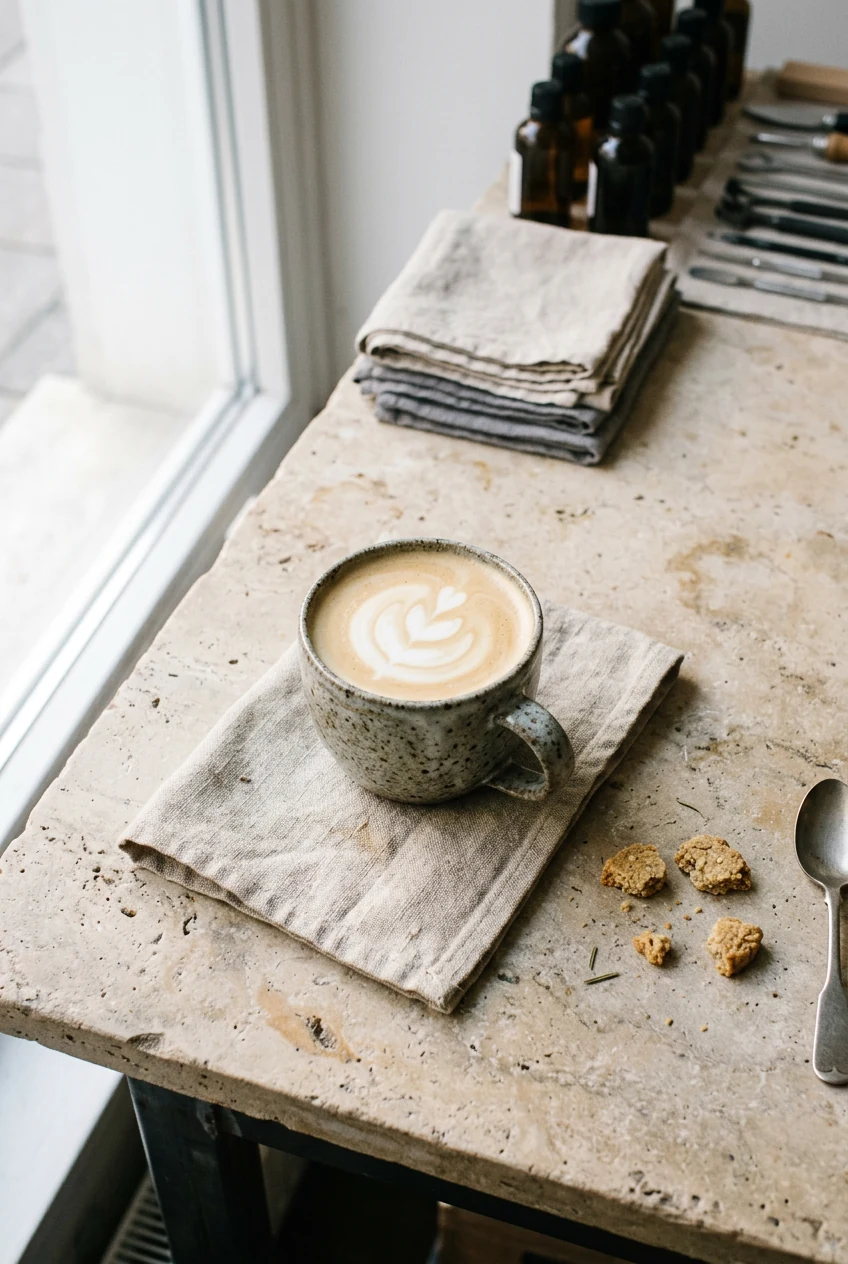 Flat white s kresbou v pěně na kamenném parapetu