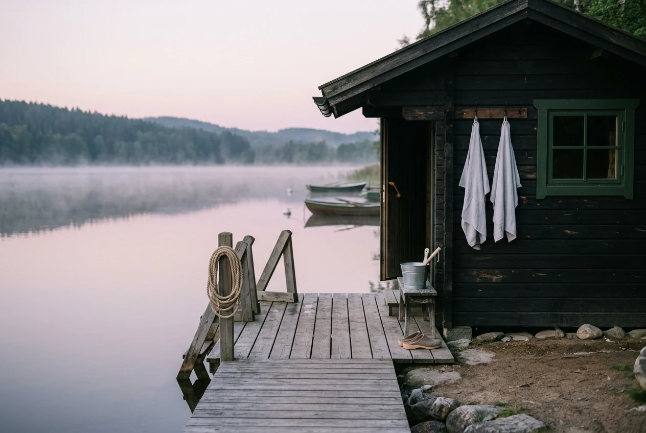 Dřevěná sauna s mólem u jezera, nad vodou ranní mlha