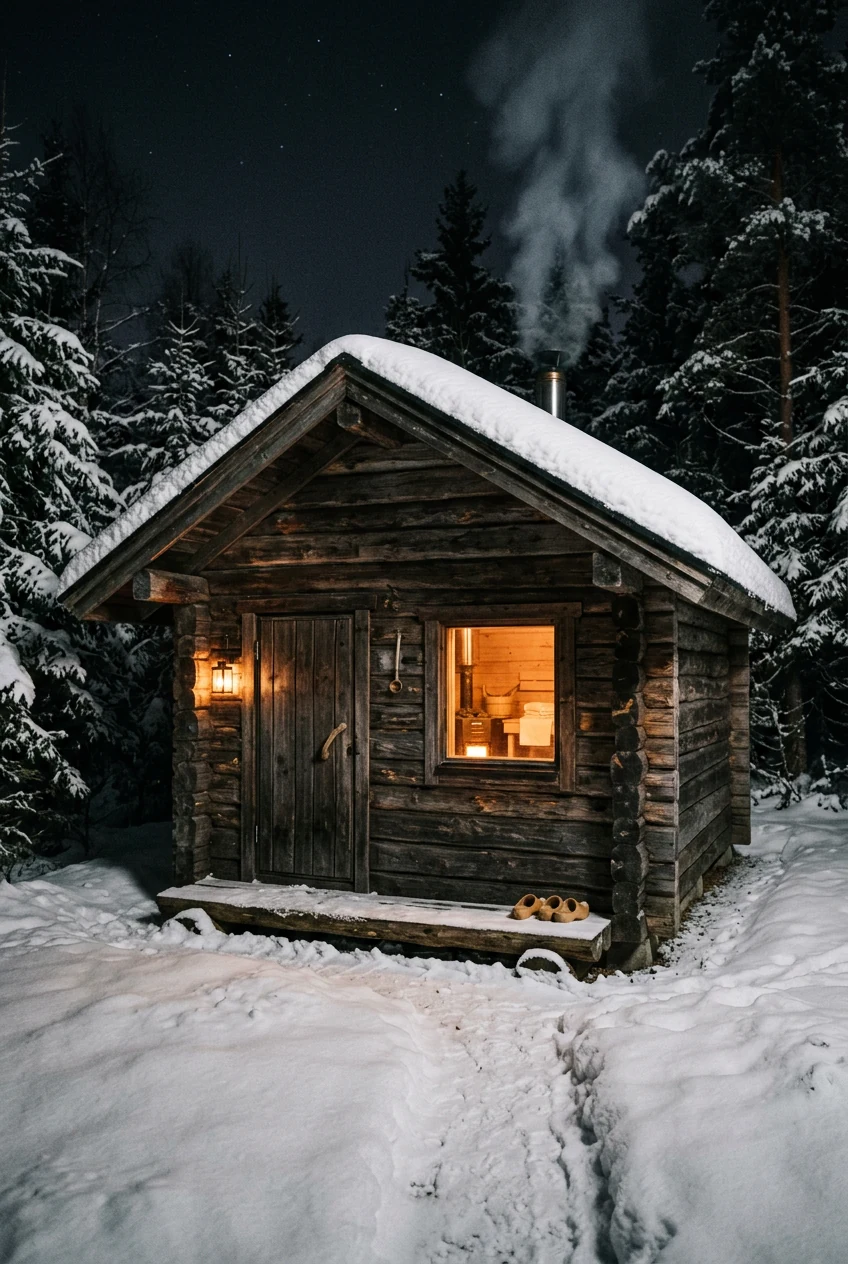 Dřevěná sauna ve smrkovém lese v noci, v okně teplé světlo